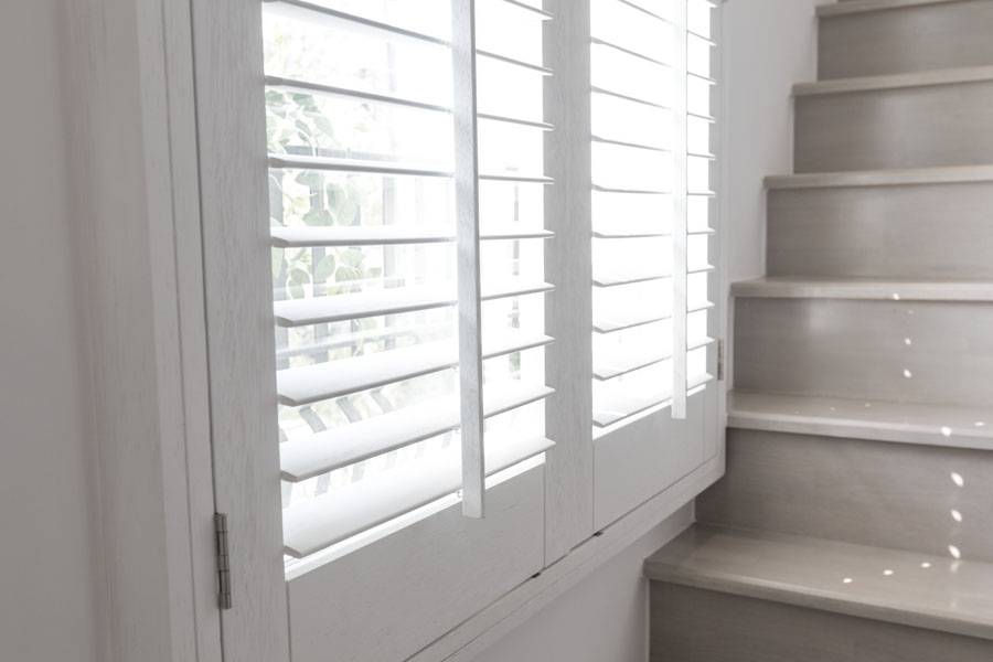 Closeup view of window with horizontal blinds. White Roller Blin